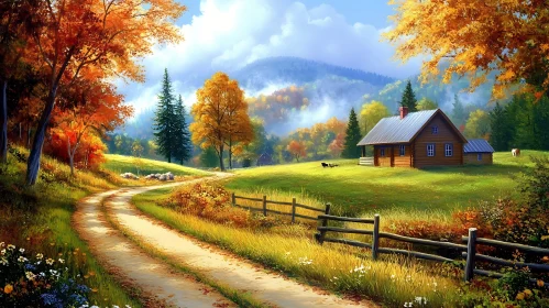 Scenic Autumn Landscape with Cabin