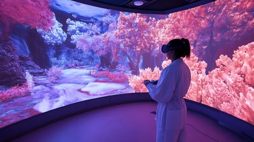 Woman in VR headset exploring digital landscape