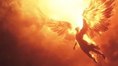 Angel with Fiery Wings in Orange Sky