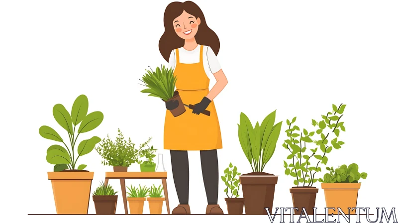 Illustration of Woman Planting Houseplants AI Image