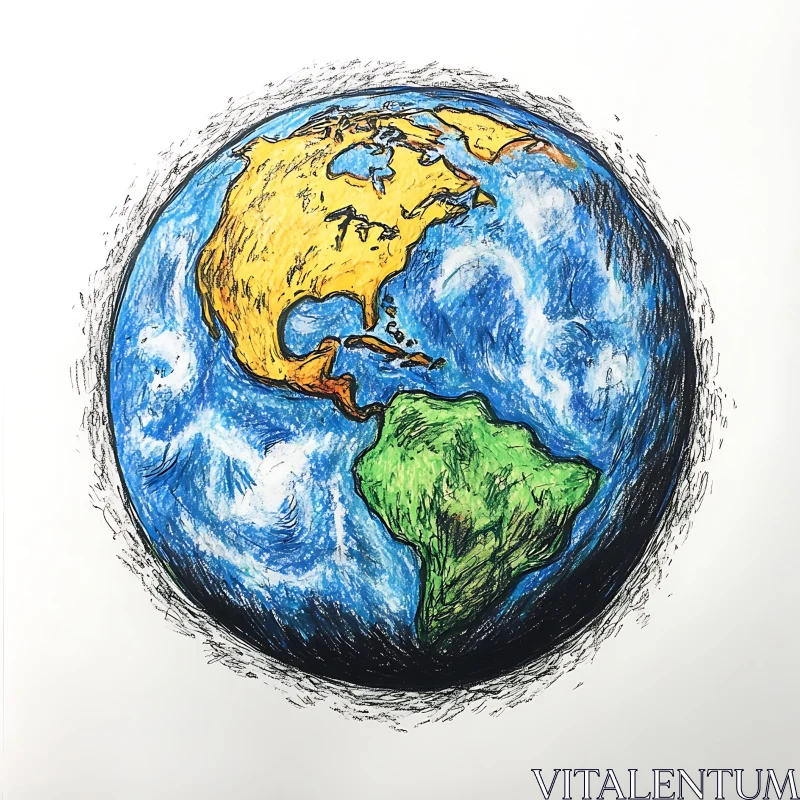 Hand-Drawn Earth Globe Art AI Image