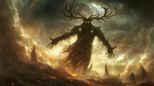 Antlered Monster in Fiery Landscape