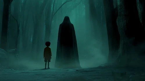 Child Confronts Mysterious Figure in Dark Woods