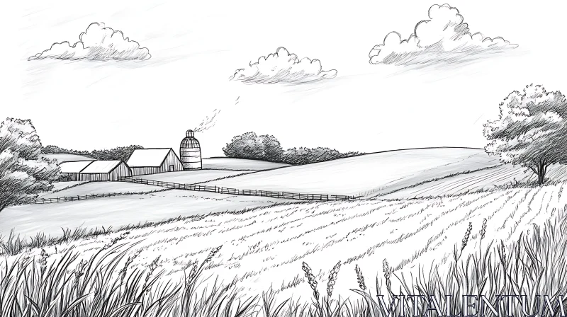 Rural Landscape Farm Sketch AI Image