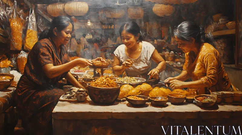 AI ART Women Preparing Food at Market Stall