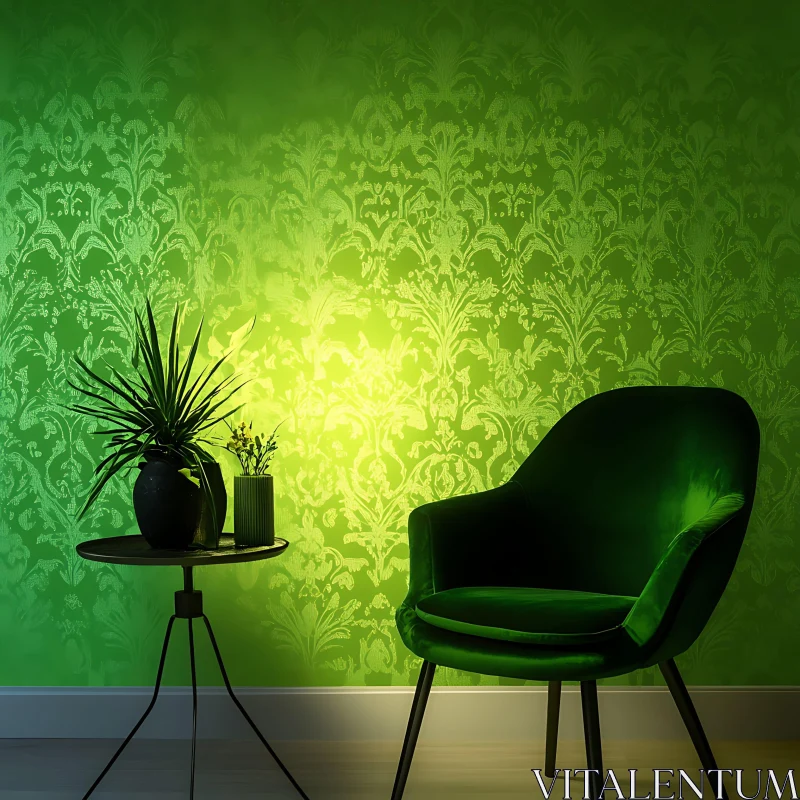 Harmonious Green Interior with Velvet Chair AI Image