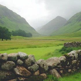 Green Valley Landscape with Stone Wall