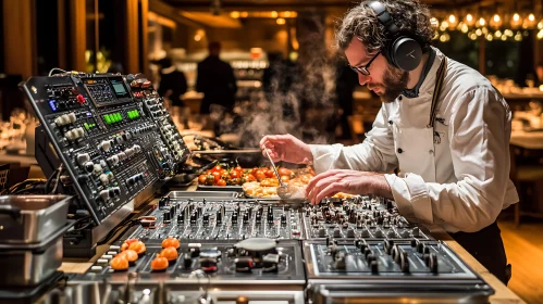 Chef Merging Cooking and Audio Mixing in Modern Kitchen