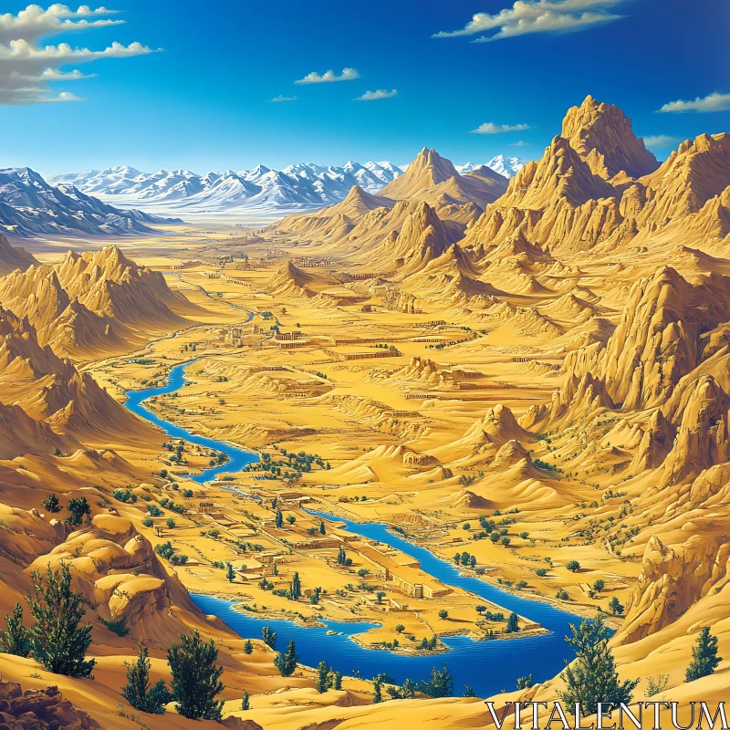 AI ART Mountains and River in Desert Scenery