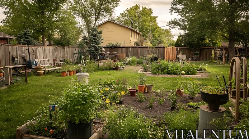 Idyllic Backyard Garden with Blooming Plants AI Image