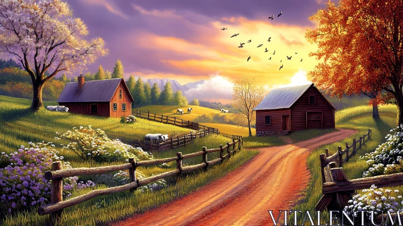 Rural Barns and Animals Sunset AI Image