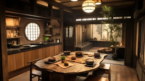 Rustic Wooden Table in Japanese Interior