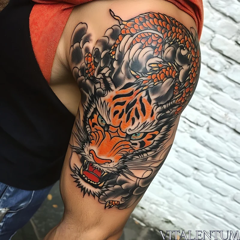 Fierce Tiger and Coiled Dragon Tattoo Art AI Image