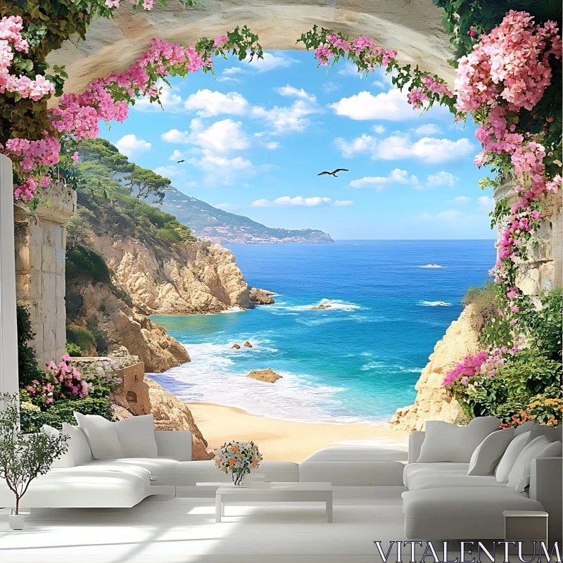 AI ART Tranquil Beach Scene Framed by Pink Flowers