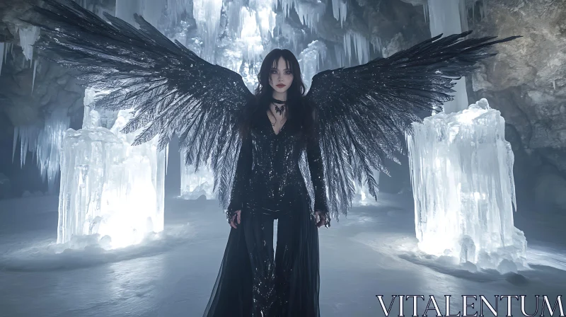 Dark Angel with Wings in Ice Cave AI Image