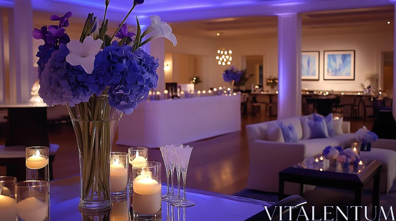 Blue-Toned Interior with Flowers and Candles AI Image