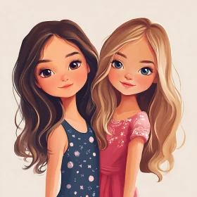 Two Cute Cartoon Girls Portrait