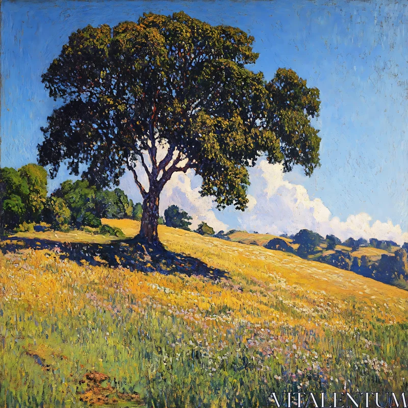 AI ART Sunlit Tree in a Golden Field