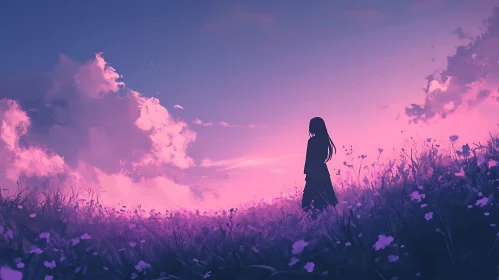 Girl in Flower Field at Dusk