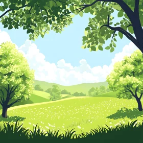 Lush Meadow Scene with Trees and Sky