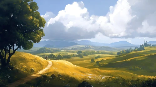 Scenic Landscape Art with Cloudy Sky