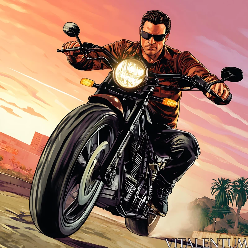 Man on Motorcycle Against Sunset Backdrop AI Image