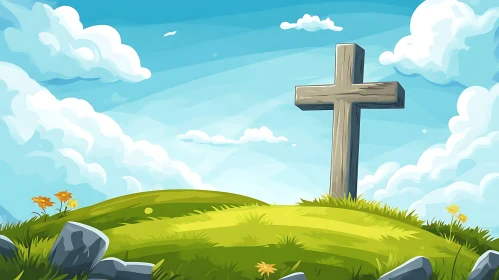 Cartoon Cross on Green Hill