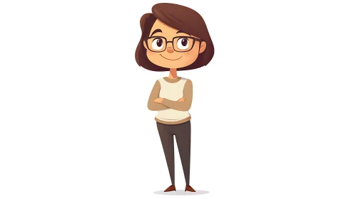 Friendly Cartoon Woman with Brown Hair