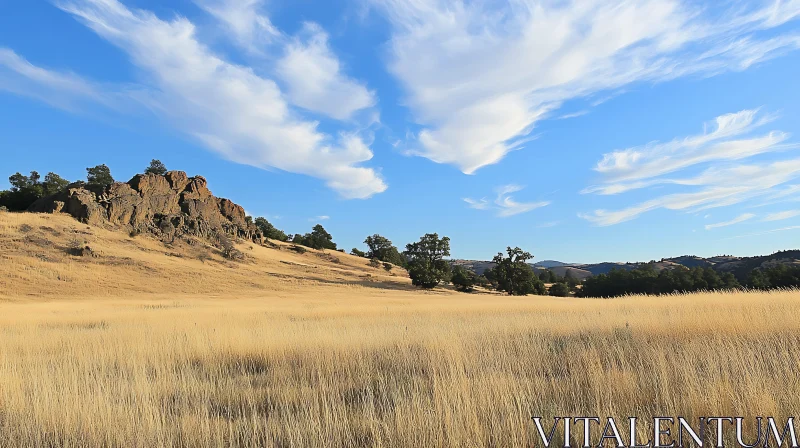 AI ART Golden Field and Rocky Hill Scenery