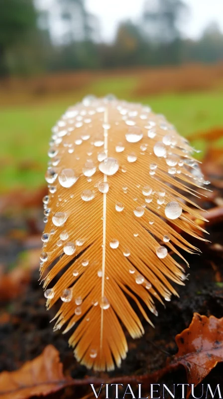 Feather Adorned with Raindrops in Autumn Forest - Nature's Artistry AI Image