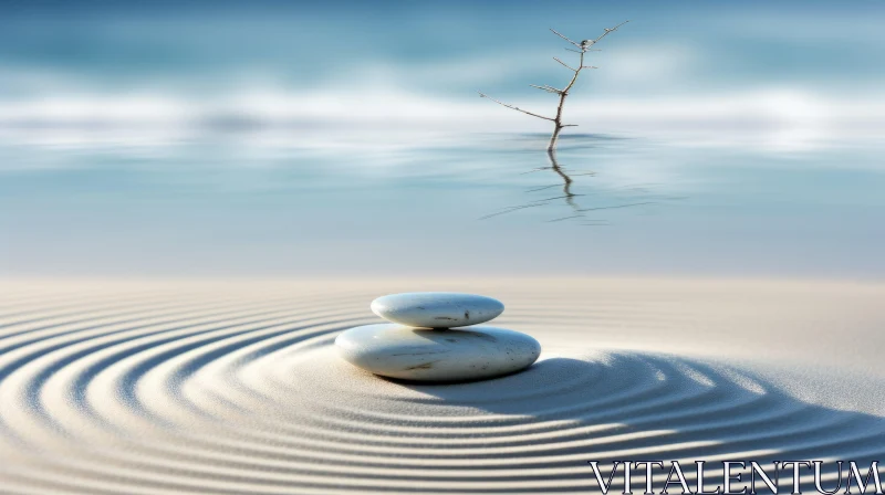 Graceful Surrealism: Zen-Inspired Beach Stones Balancing Act AI Image