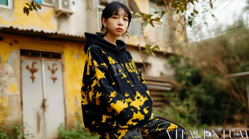 Young Asian Woman in Black and Yellow Hoodie with Camouflage Pattern AI Image