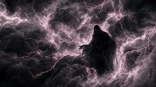 Cloaked Figure in Lightning Storm
