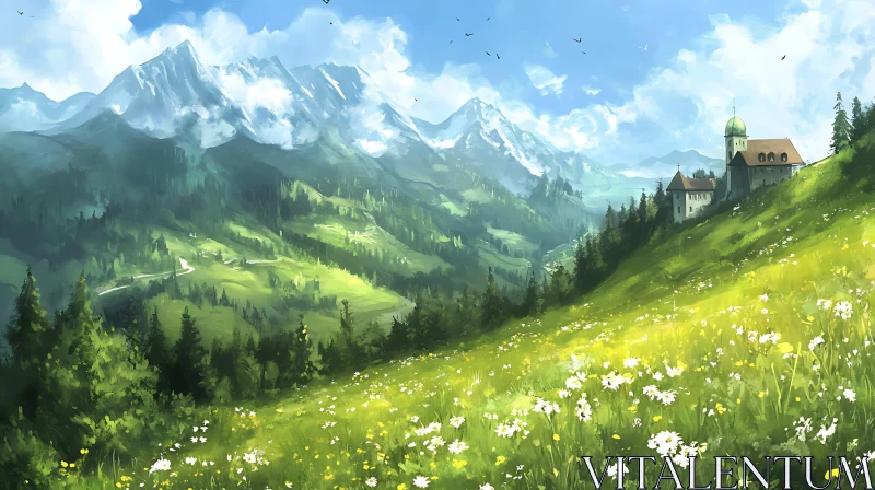 AI ART Scenic Mountain Meadow with Old Castle