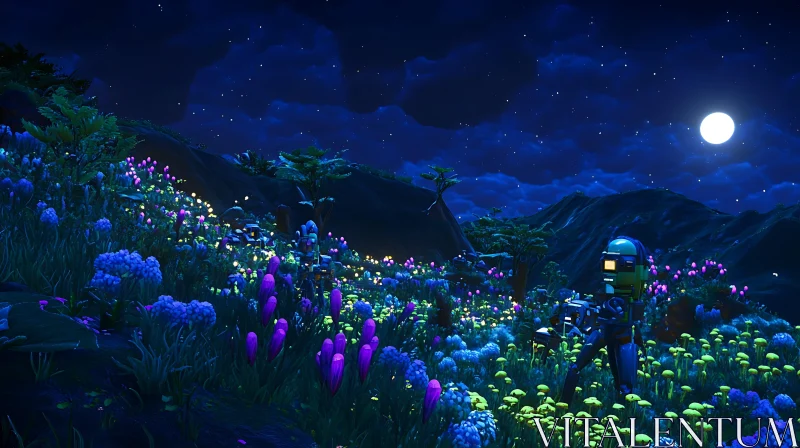 Glowing Flowers Under the Night Sky AI Image