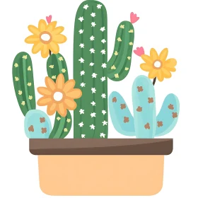Cartoon Cactus with Flowers in Pot