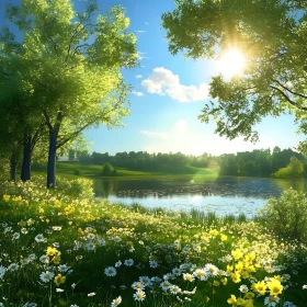 Scenic Lake Landscape with Sunlight