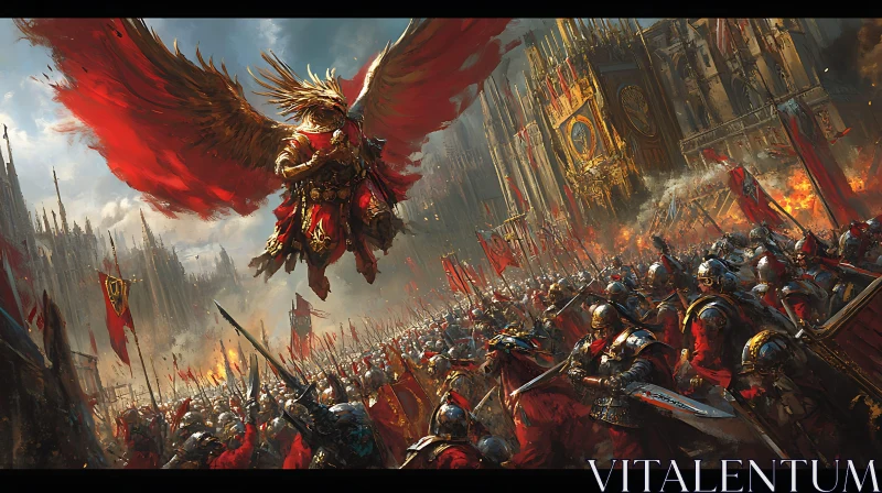 Fantasy Battle Scene with Angelic Warrior AI Image