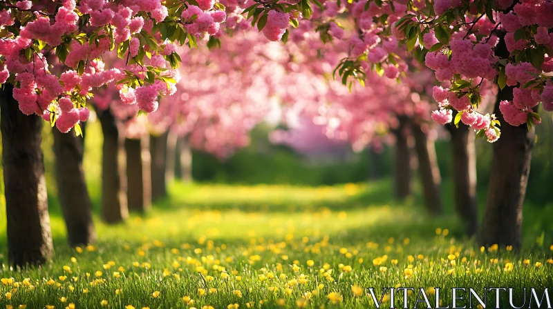 Spring Blossom Path with Yellow Flowers AI Image