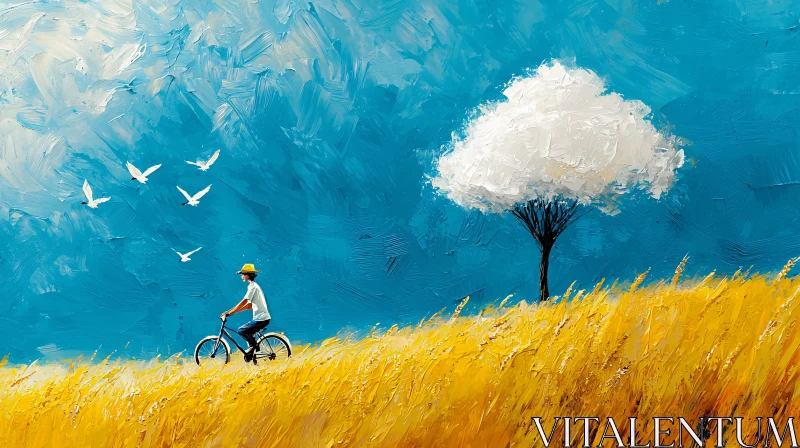 Golden Field Bicycle Ride Art AI Image