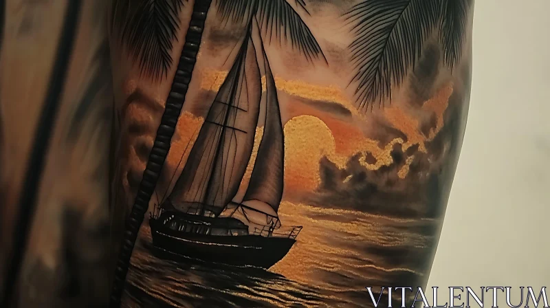 Sailboat and Palm Tree Tattoo Art AI Image