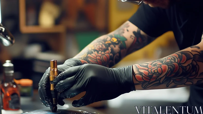 Tattoo Artist Working in Studio with Detailed Arm Tattoos AI Image