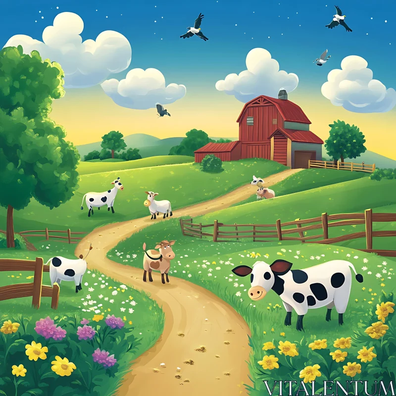 Cows in Cartoon Farm Landscape AI Image