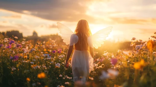 Sunset Angel in a Floral Meadow