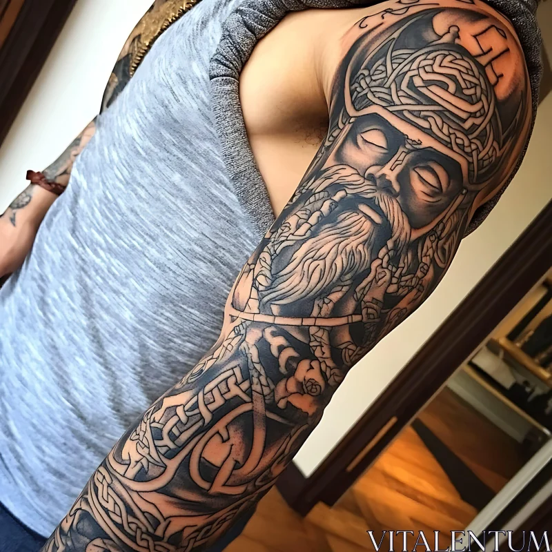 Detailed Arm Sleeve Tattoo of Ancient Bearded Man AI Image