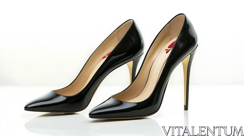 Glossy Black Heels on White Background AI Image