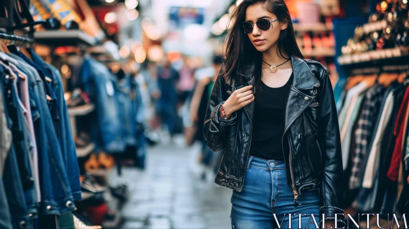 Confident Woman in Black Leather Jacket Walking Down a Street AI Image