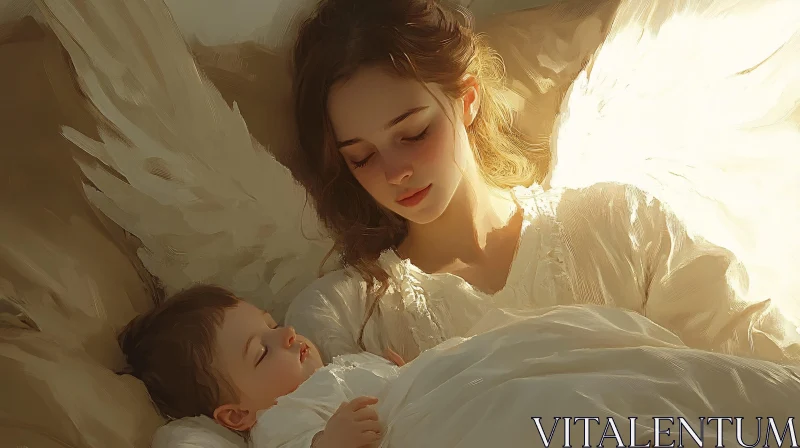 Serene Angel Protecting Sleeping Child AI Image