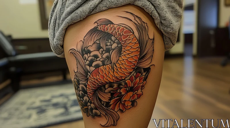 Artistic Koi Fish Tattoo on Thigh AI Image