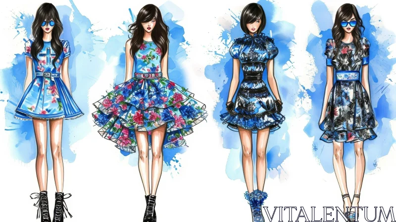 Exquisite Fashion: Four Models in Blue Dresses AI Image